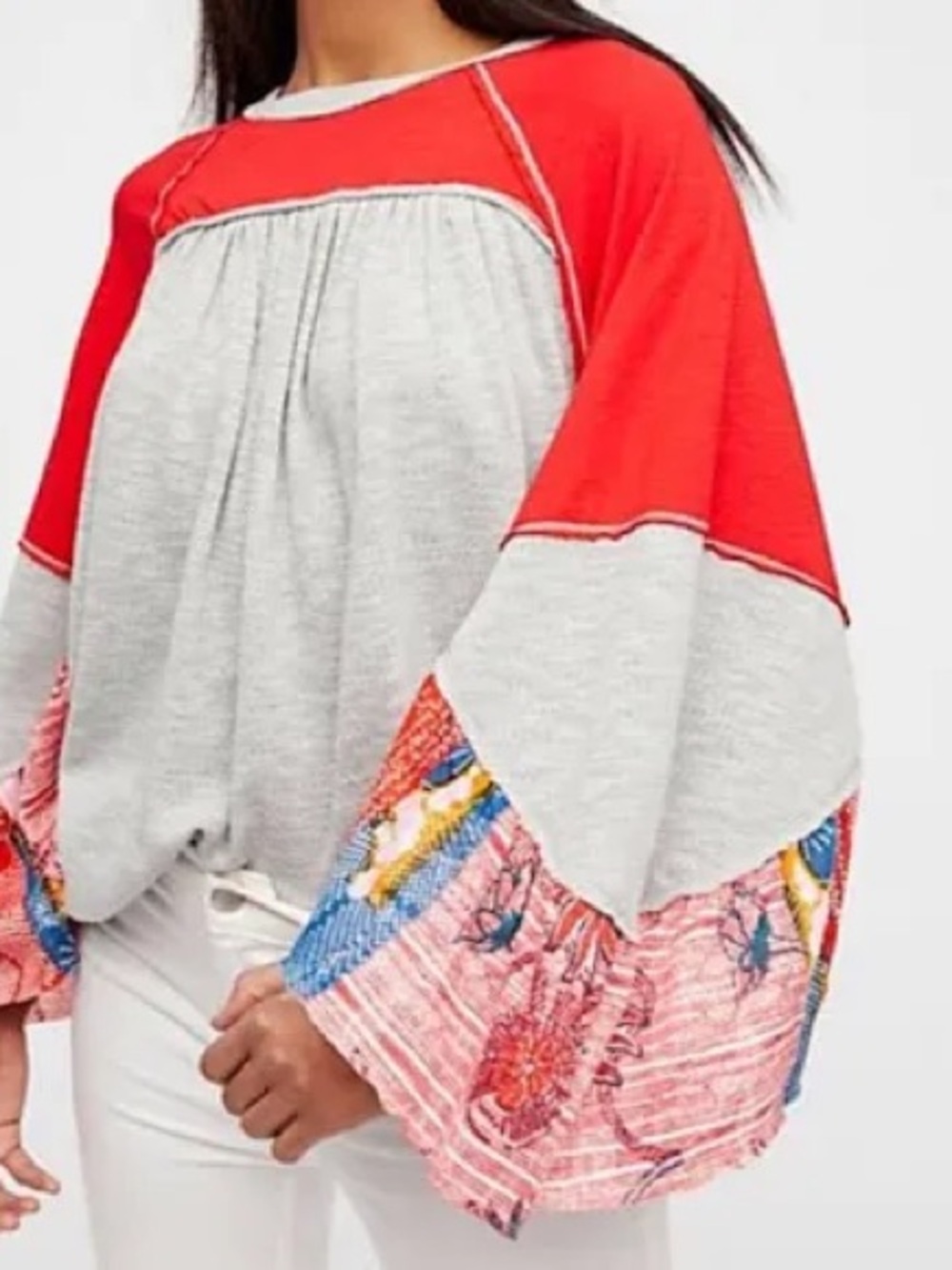 We The Free Peasant Blouse with Embroidered Bell Sleeves - Red & Light Gray